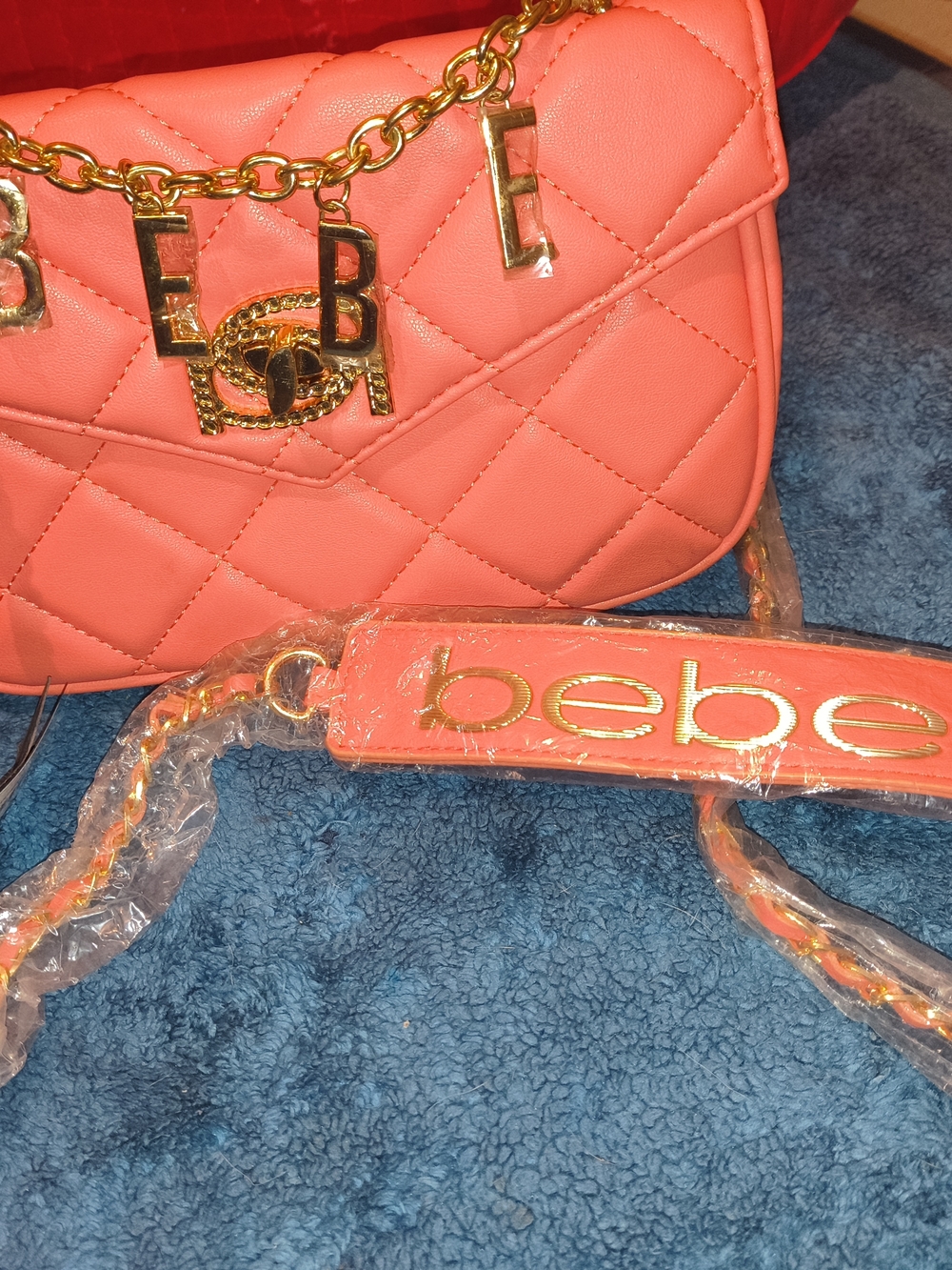 bebe Quilted Coral-Pink Chain Strap Crossbody Bag